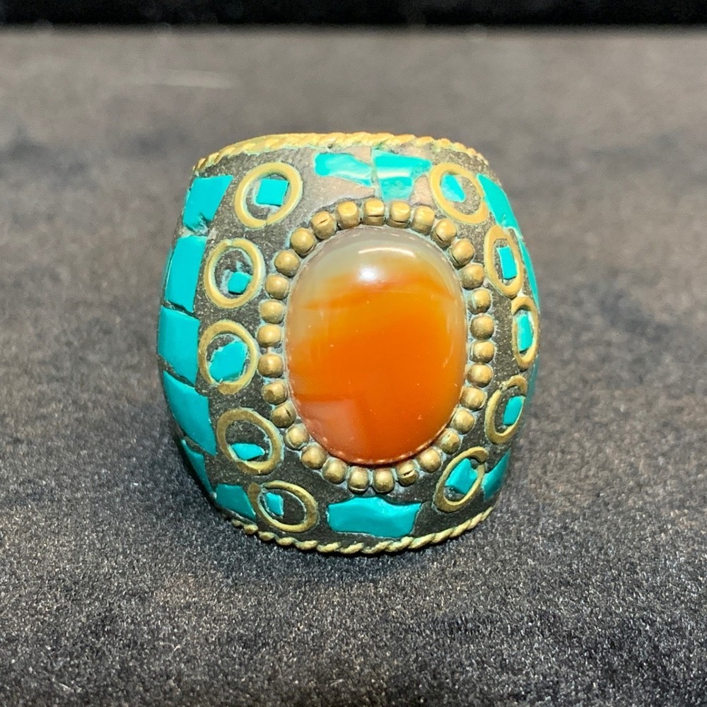 Vintage Orange Stone Blue Mosaic Brass Statement Ring Size 6.5 Boho Ethnic